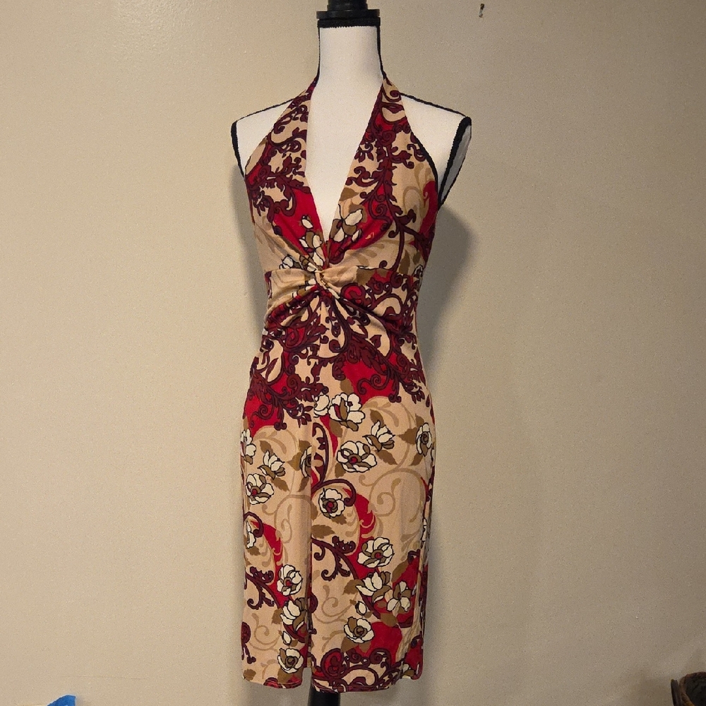 Laundry By Shelli Segal Red Tan Black Halter Sheath Dress